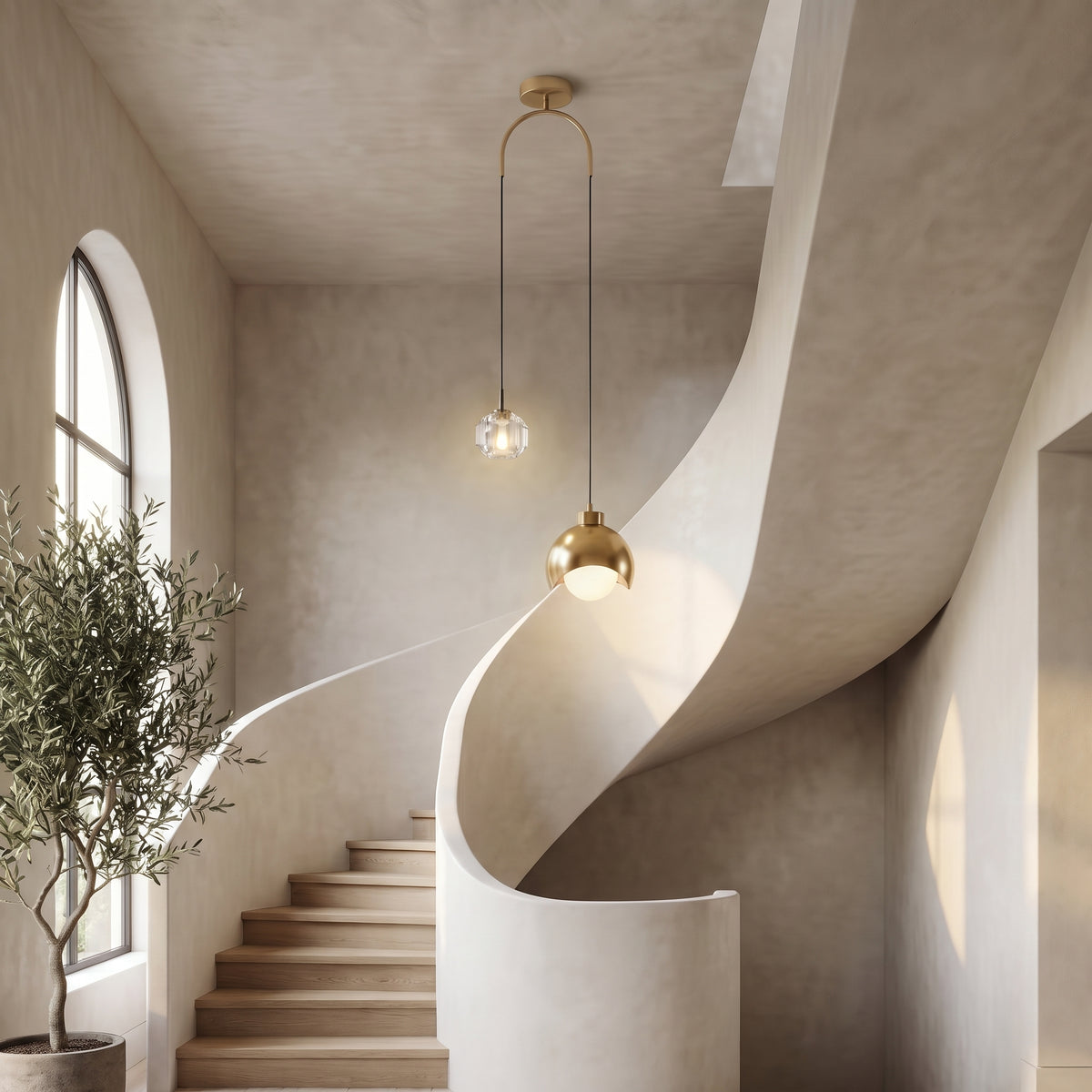 Noor dual pendant light in a curved stairwell