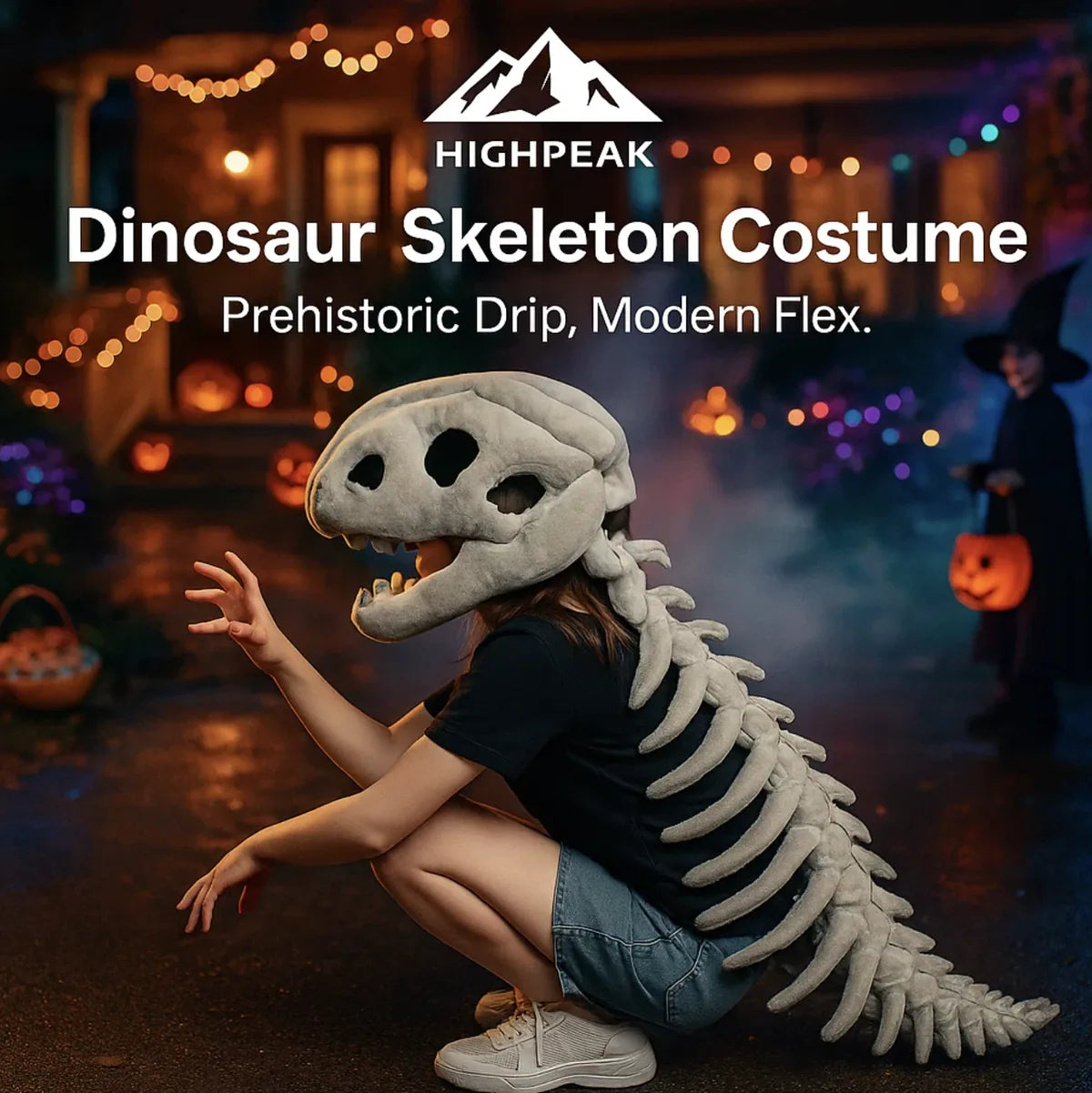 Plush dinosaur skeleton costume worn full body with skull headgear