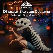 Plush dinosaur skeleton costume worn full body with skull headgear