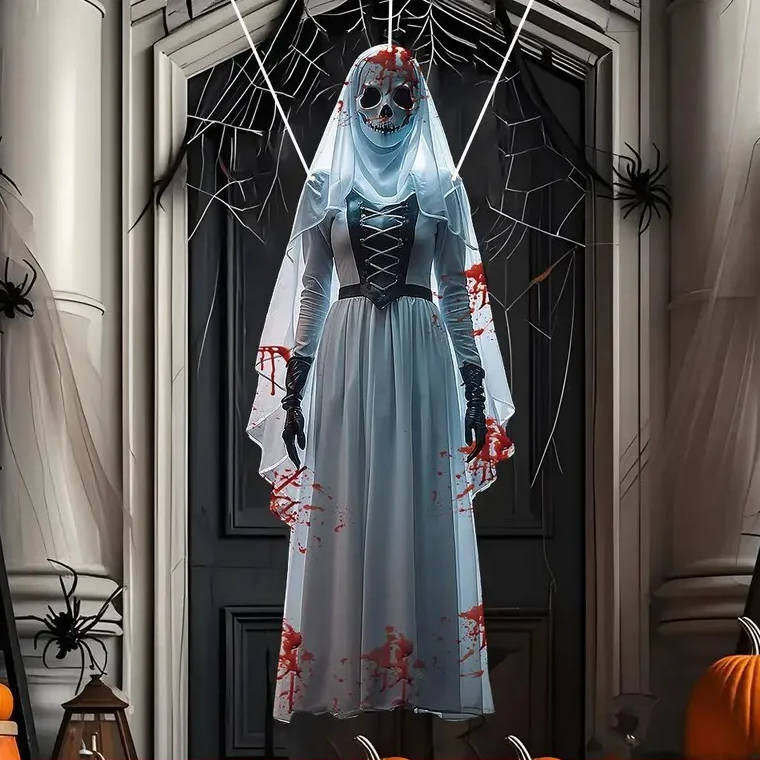 Hanging Halloween horror bride decoration on a tree