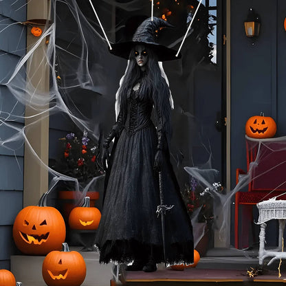 Hanging Halloween bride decoration displayed on a porch