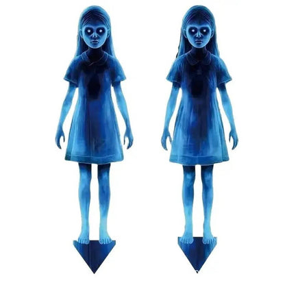Ghost yard stake decoration close-up showing weather-resistant material