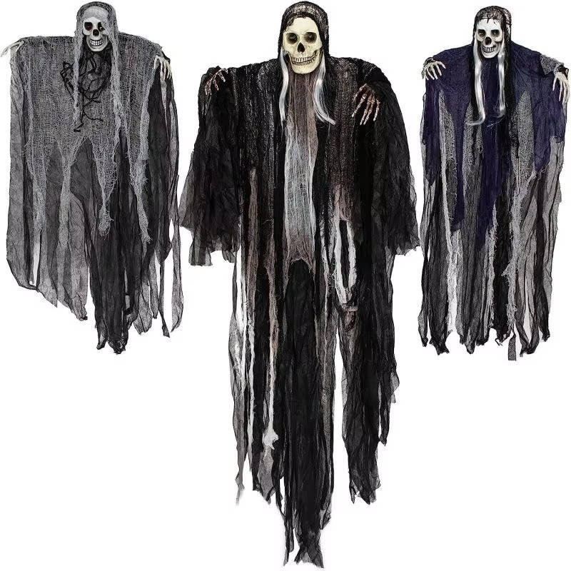 Hanging reaper decorations in flowing dark robes