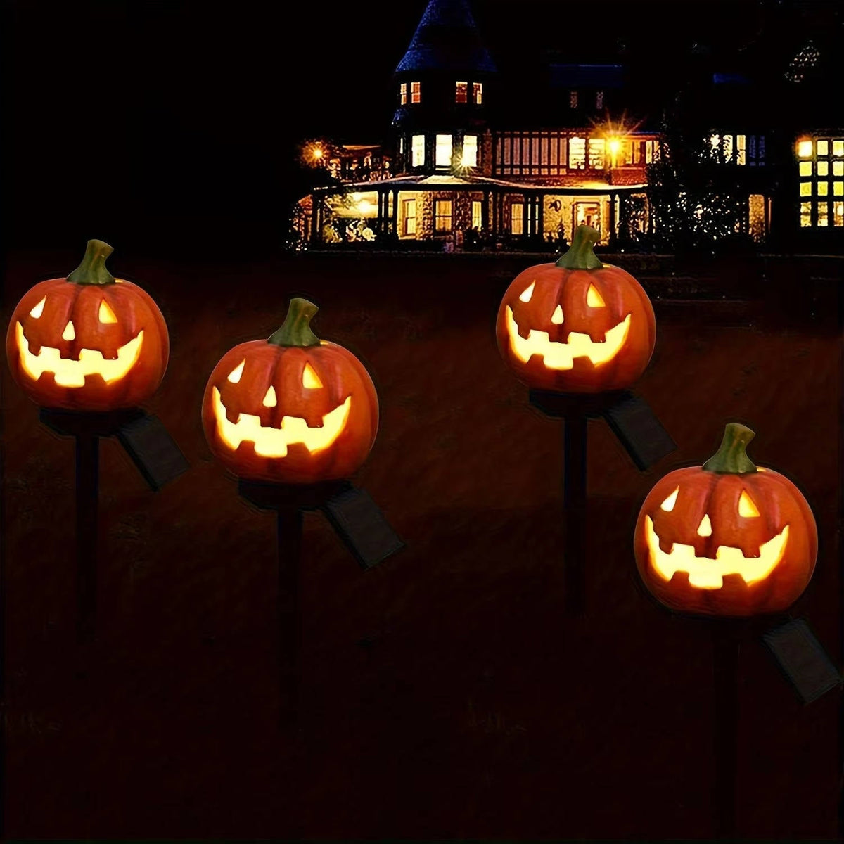 Solar pumpkin pathway lights during daytime