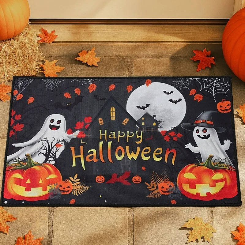 Halloween doormat placed at a front entryway