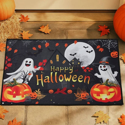 Halloween doormat placed at a front entryway