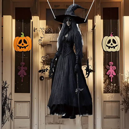 Hanging horror bride decoration, torn veil and skull face detail