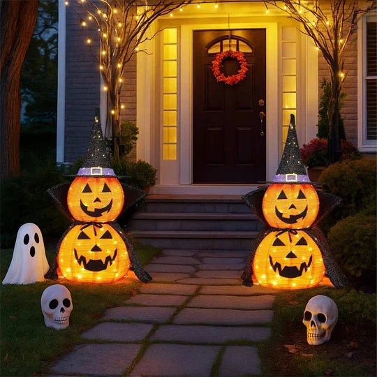Single collapsible pumpkin decoration lit from within