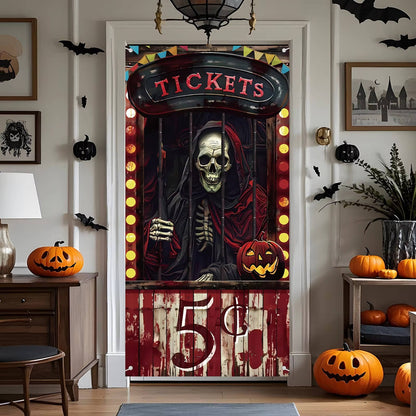 Halloween door cover hanging on a front door