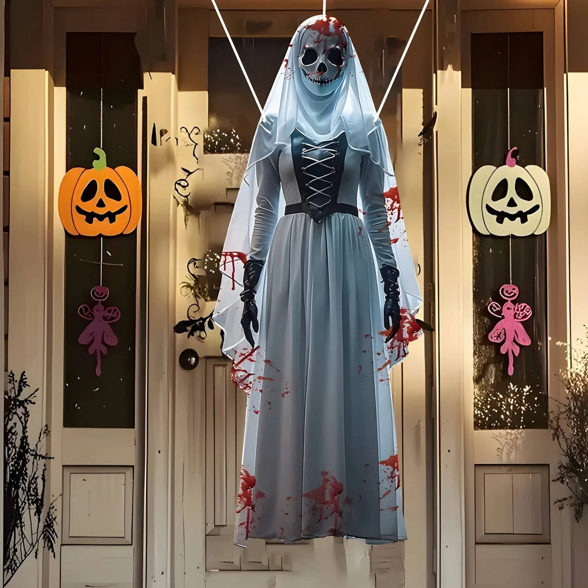 Close-up of the skull face and torn veil on the horror bride decoration