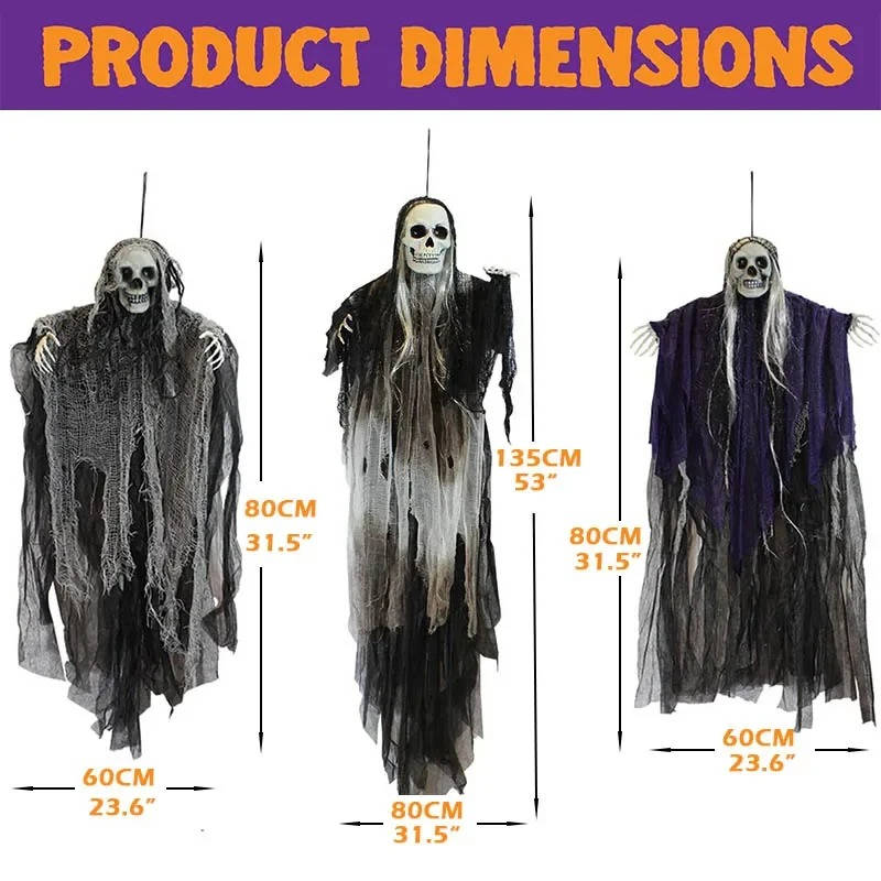 Grim reaper decorations hung for indoor and outdoor Halloween display