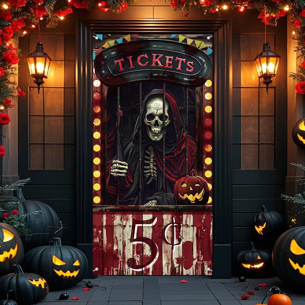 Close-up of skull and bloody handprint design on Halloween door cover