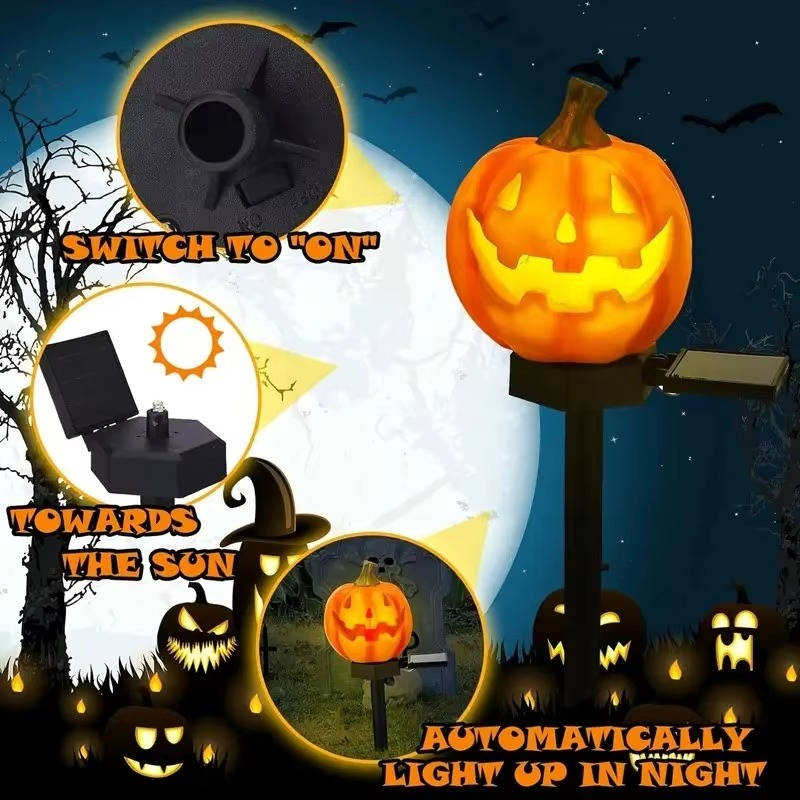 Solar pumpkin lights placed along a lawn edge