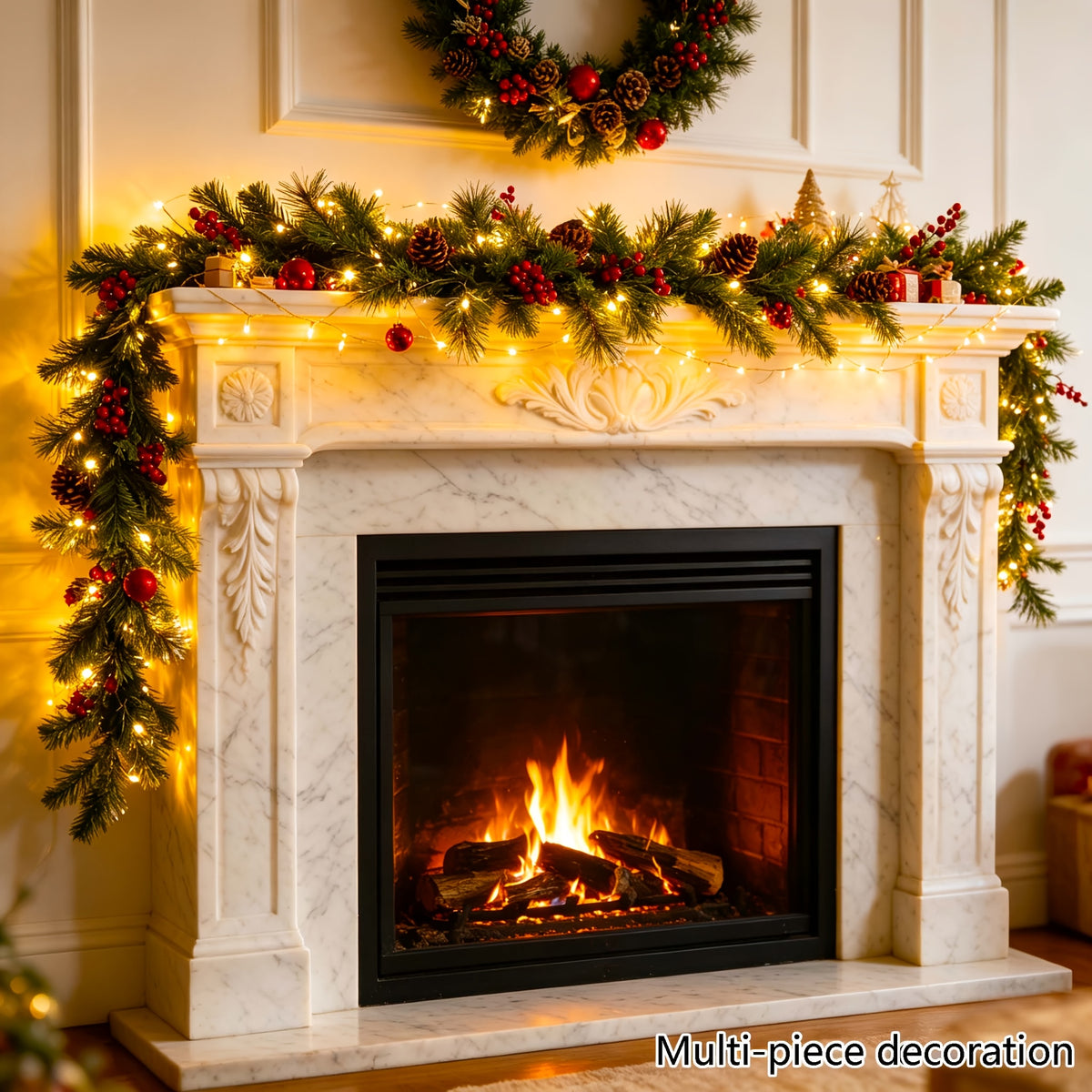 Artificial spruce Christmas garland with pinecones and red berries