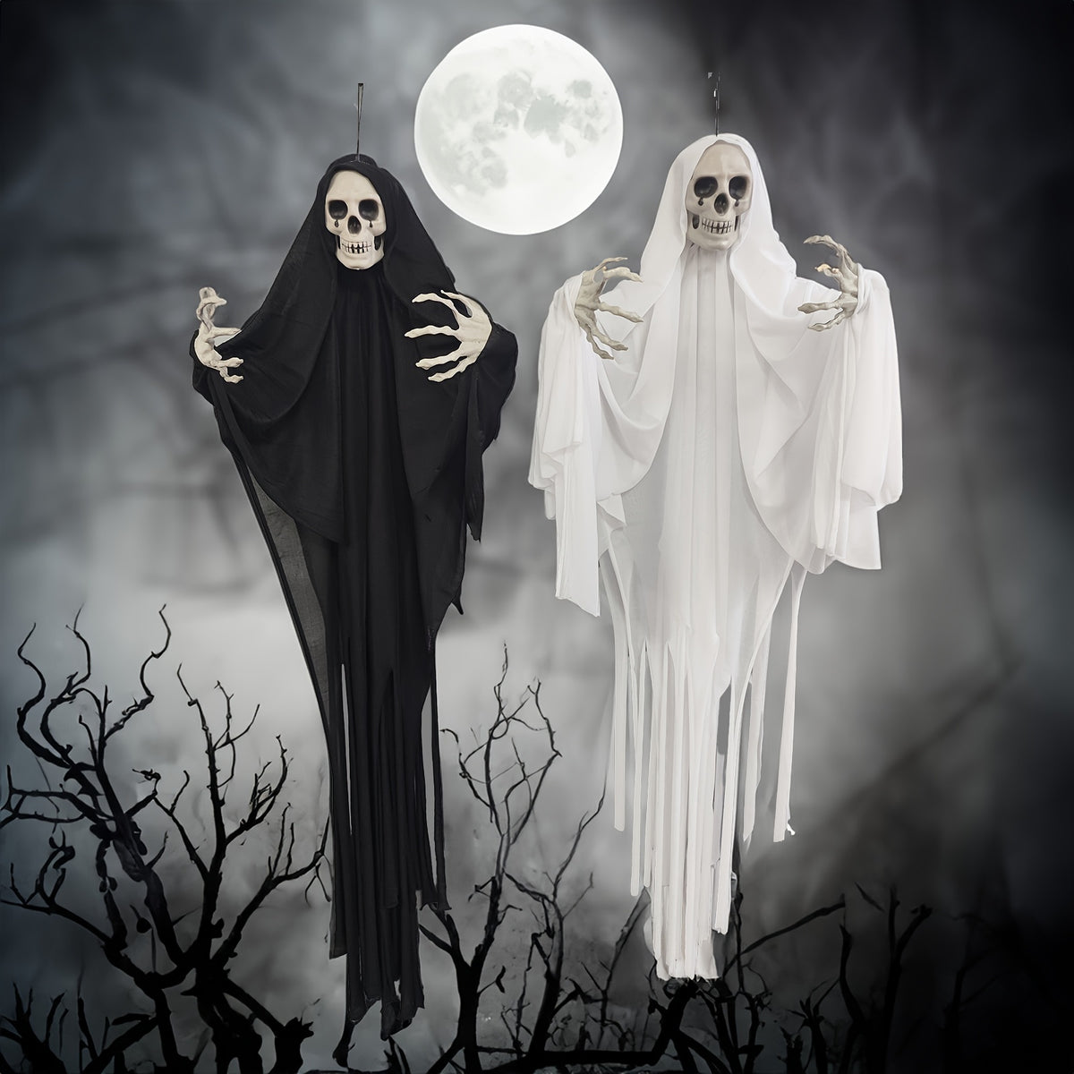 Large hanging ghost decoration with a draped body and hollow face