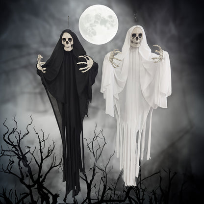 Large hanging ghost decoration with a draped body and hollow face