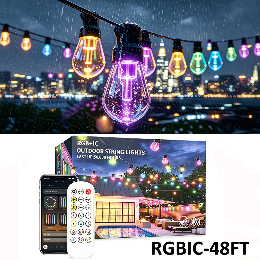Patio string lights in multiple colors after dark