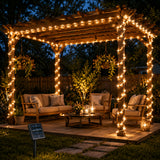 Solar fairy lights lighting a garden path after dark
