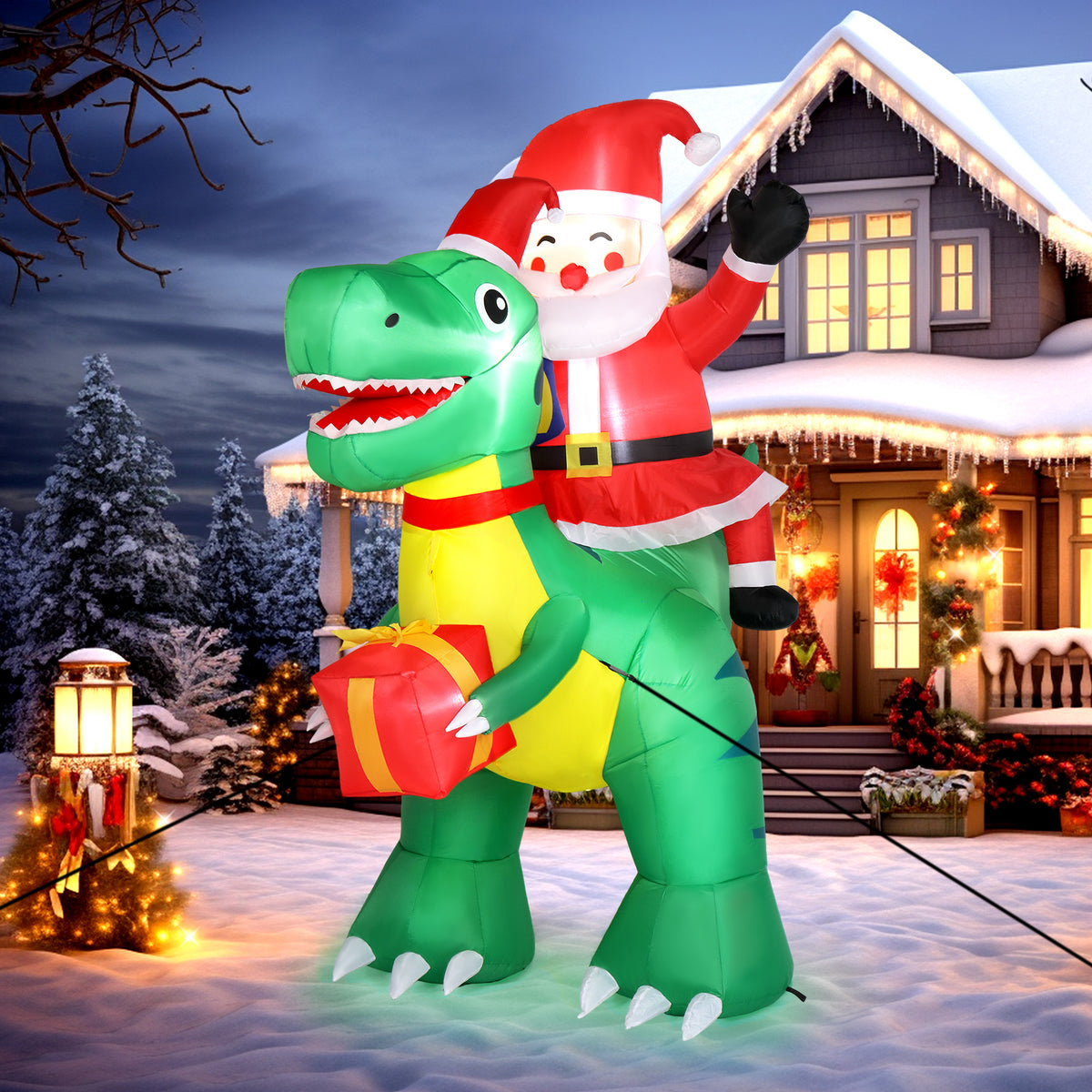 Christmas Inflatable Yard Decorations, Santa Riding Dinosaur, Snowman, Stakes & Storage Bag