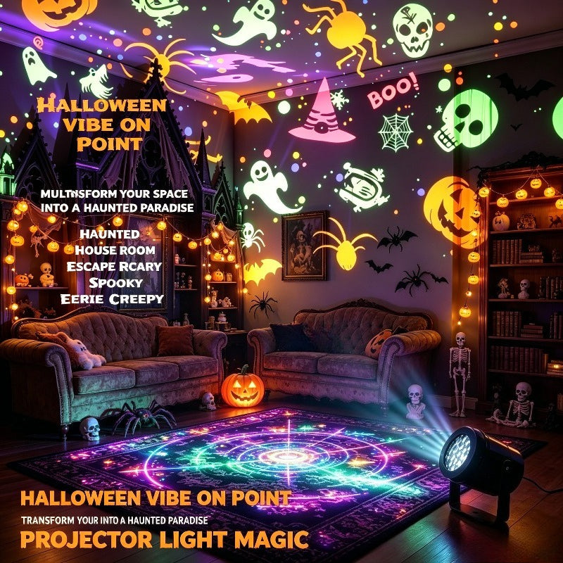 Halloween projector light illuminating a bedroom headboard with color patterns