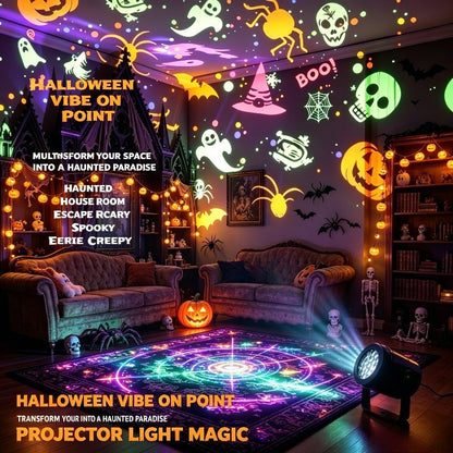 Halloween projector light illuminating a bedroom headboard with color patterns