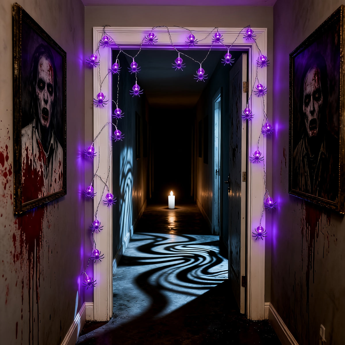 Purple spider Halloween LED light, main product photo