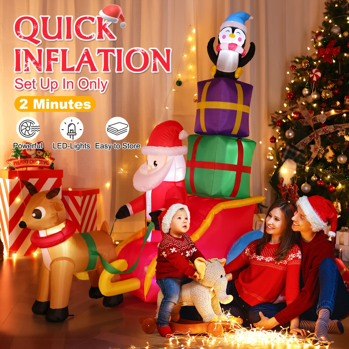 Blow up Santa sleigh decoration for a holiday yard