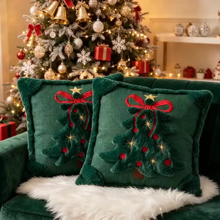 Christmas Pillow Covers, 2 Pack, 18 x 18 in Quilted Tree and Bow