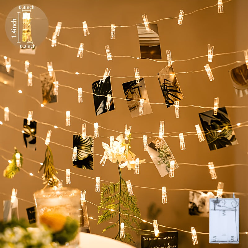 Close view of a transparent clip on the lit photo string light