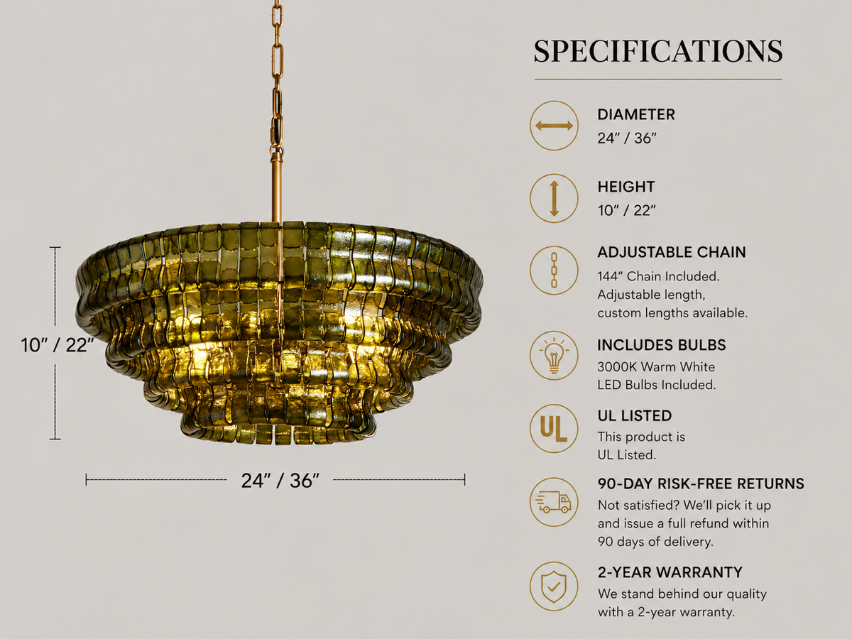 Lido Chandeliers, Round Glass Chandelier for Dining Room, Brass or Matte Black, 24-60 Inch