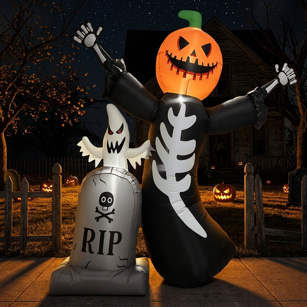 Pumpkin skull tombstone inflatable set up in a yard