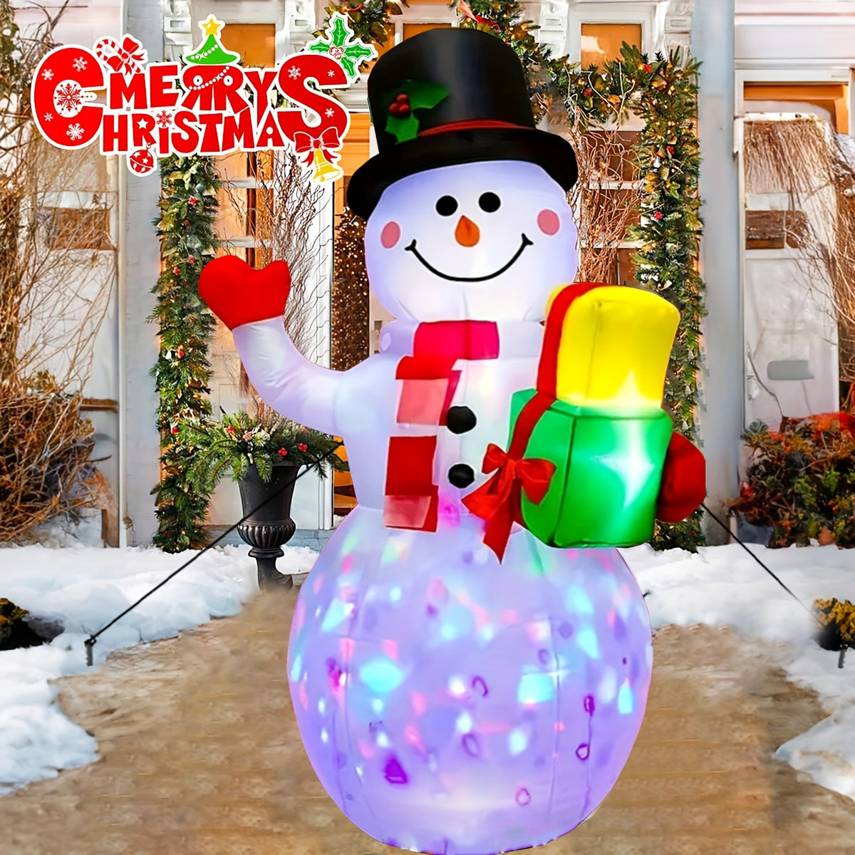 Inflatable snowman with colorful LED lights for indoor decor