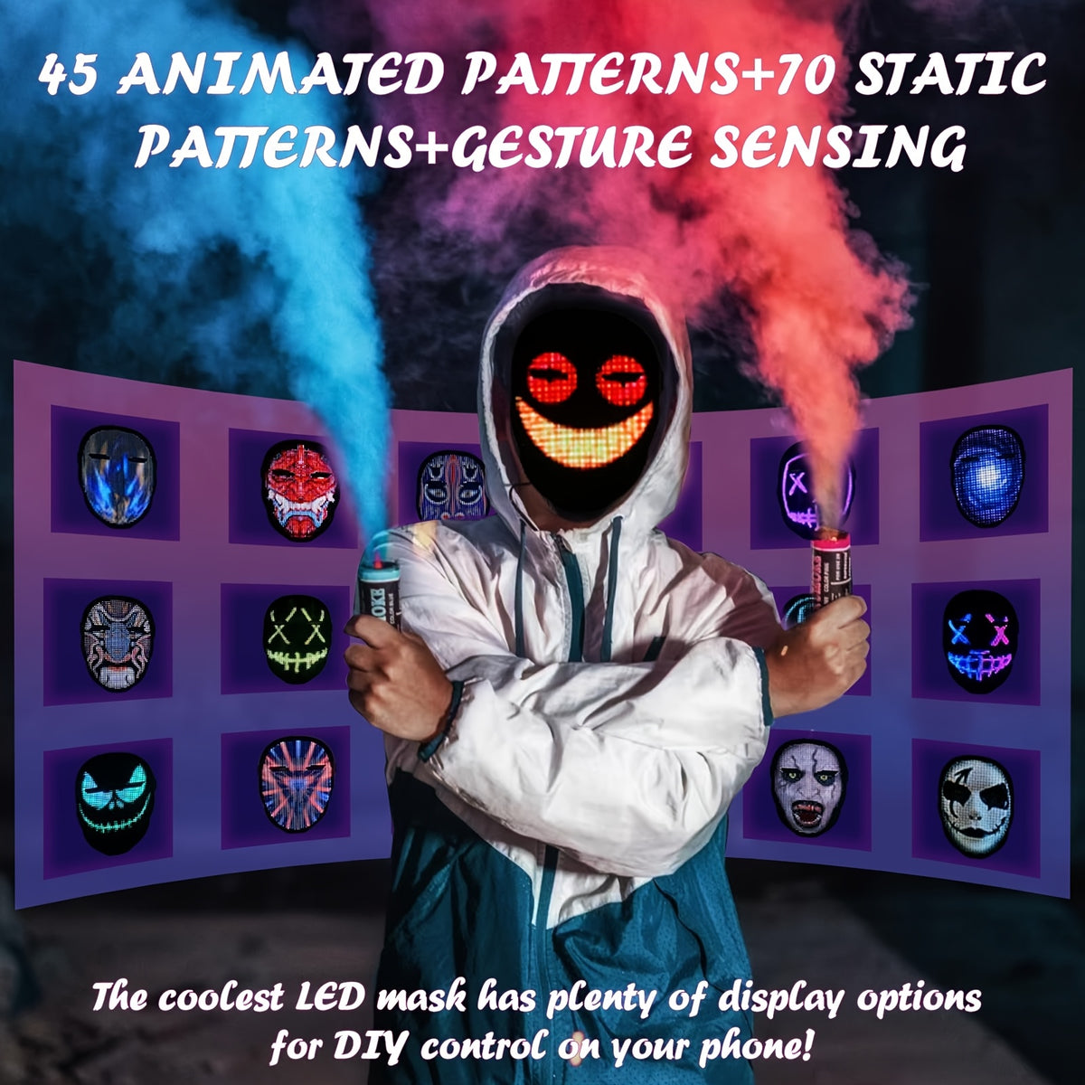 Black costume mask with a full-face LED matrix