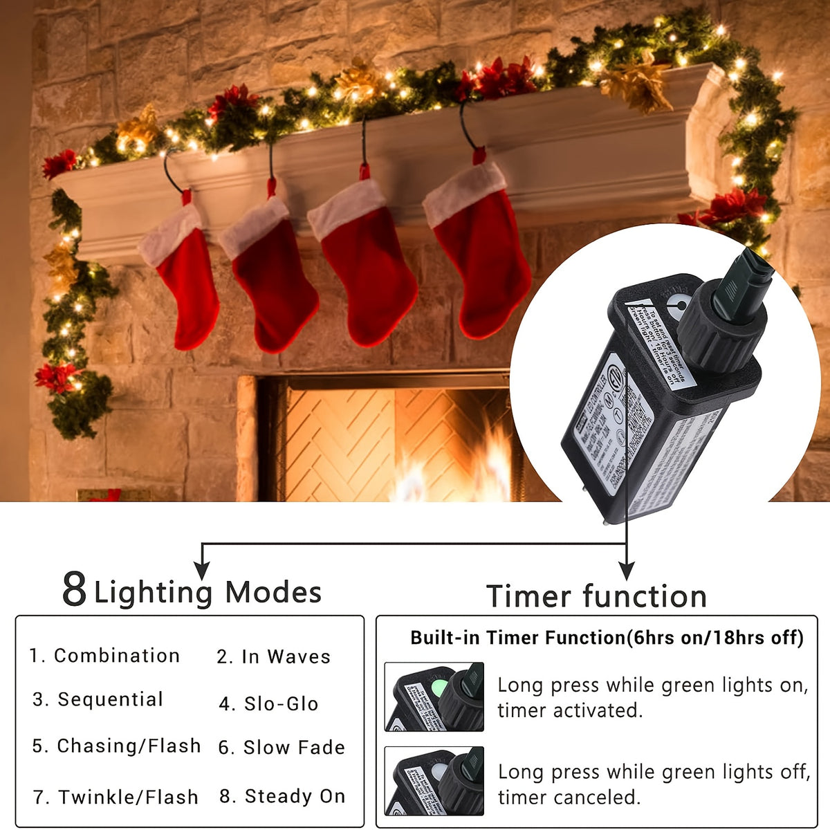 String of Christmas Lights, 181 ft 500 LED, 8 Modes, Green Wire, Indoor & Outdoor Use