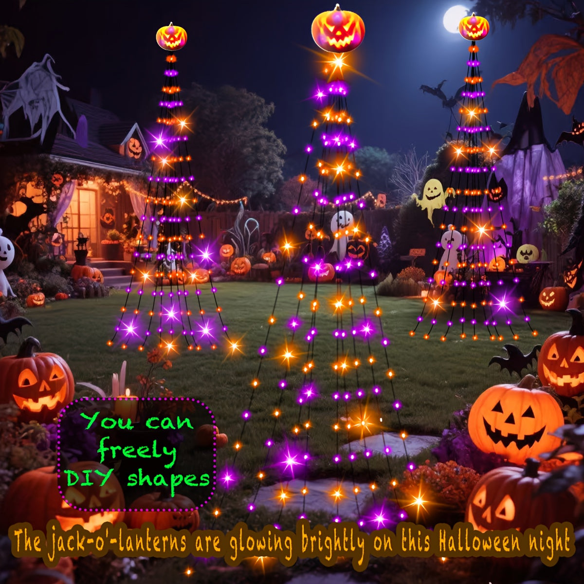 Solar pumpkin string lights glowing at night