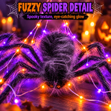Close up of the large plush spider sitting on the lit LED web net