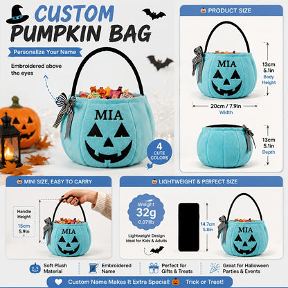 Personalized Embroidered Halloween Pumpkin Candy Bag, Custom Name Plush Candy Bucket with Bow