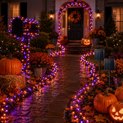 Fairy lights wrapped around porch railings for Halloween decor