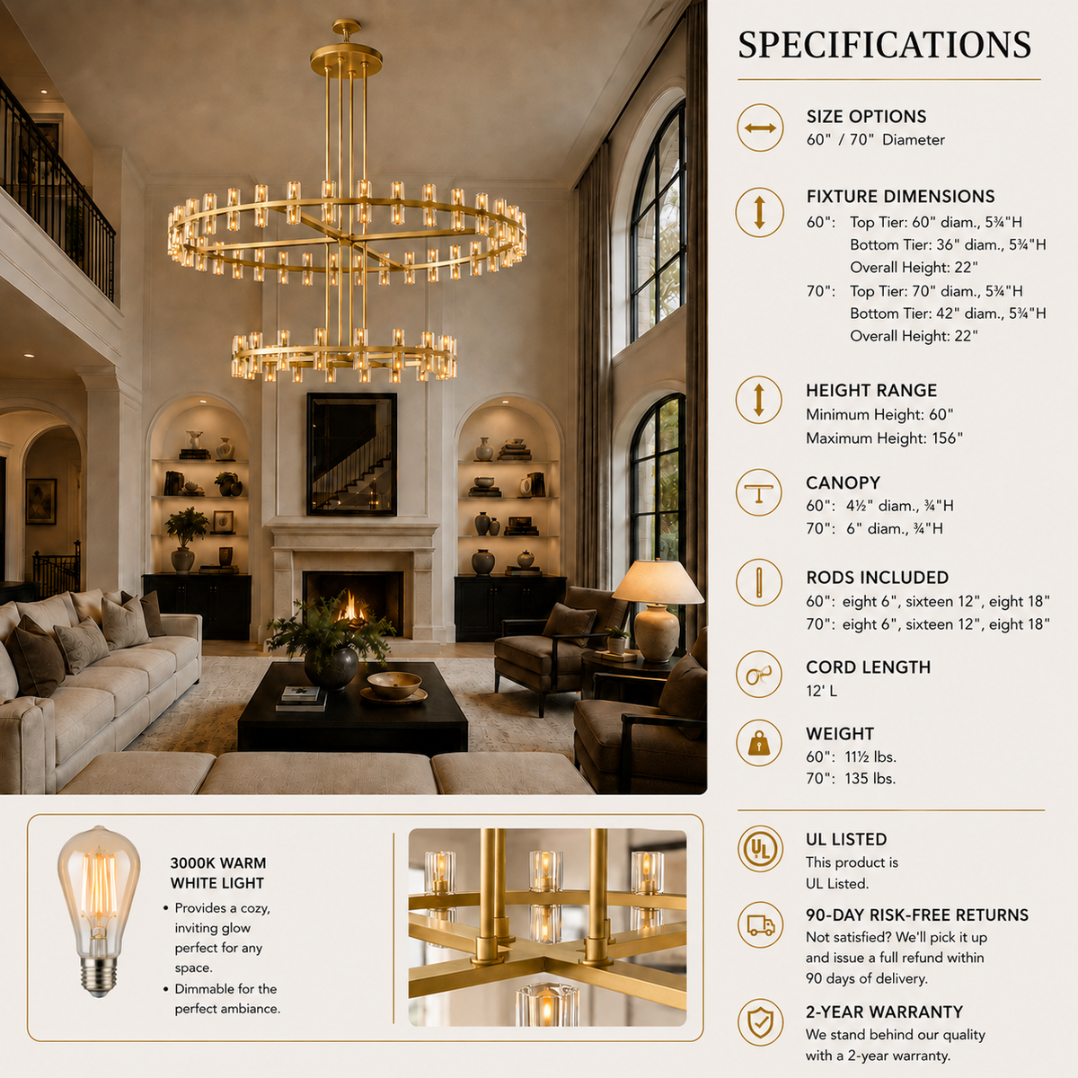 Tavira Chandelier, Two-Tier Round Wagon Wheel Crystal Chandeliers, Bulbs Included, Damp Rated