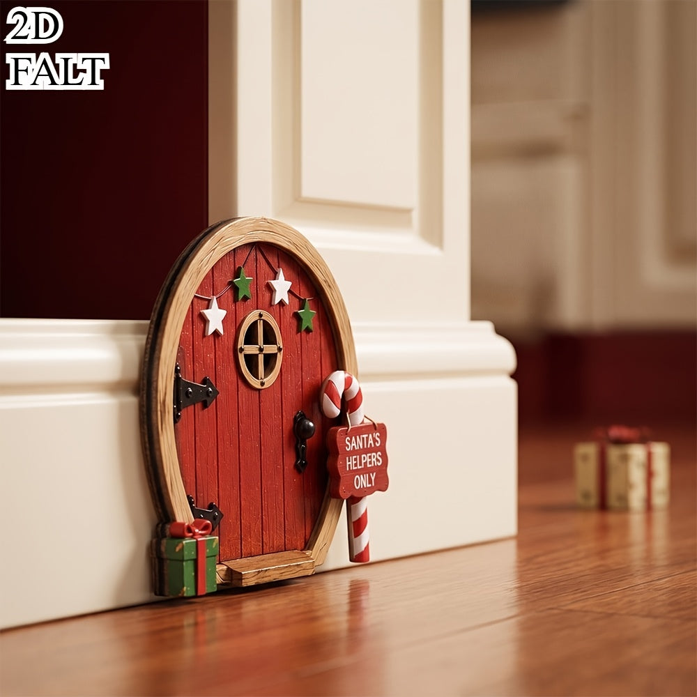 Elf door design shown with its wreath and sign accents