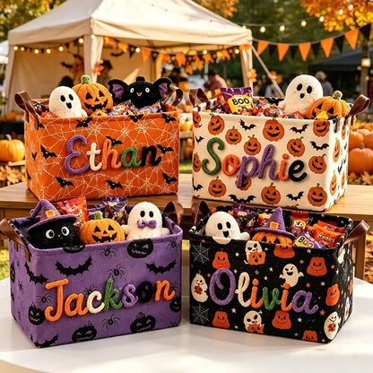 Custom Name Embroidered Halloween Storage Basket with Pumpkin Ghost Bat Pattern and Handles