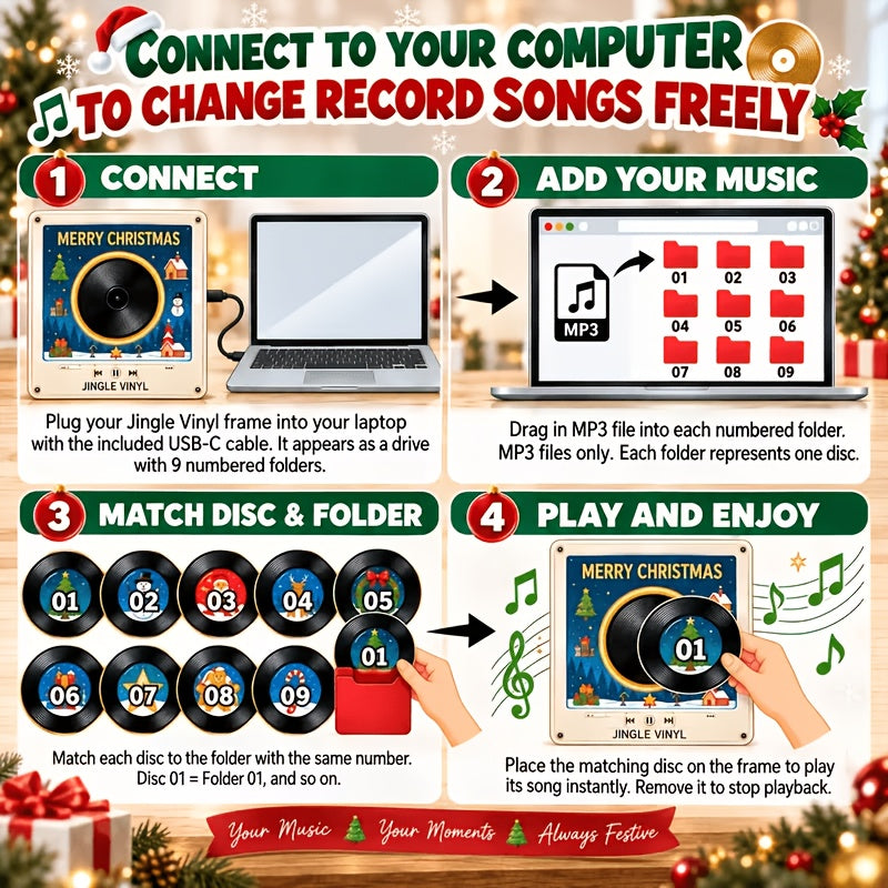 Christmas Fridge Magnets, Record Player Set with 9 Carol Records
