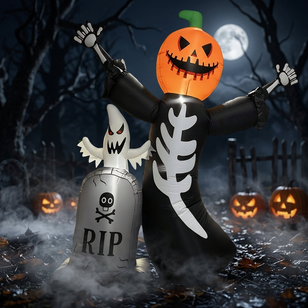 94.49-inch pumpkin skull tombstone inflatable ghost, front view