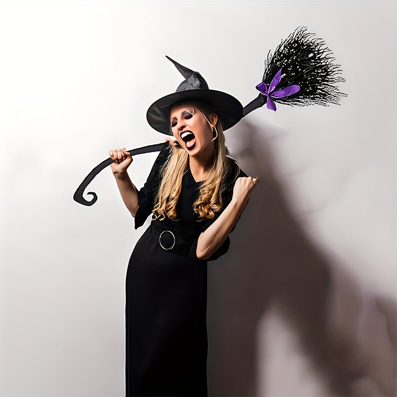 Halloween Witch Broom with Ribbon - Costume Prop & Front Door Decor