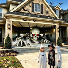 Halloween garage door cover showing a 3D skeleton crawling out of a torn open garage scene