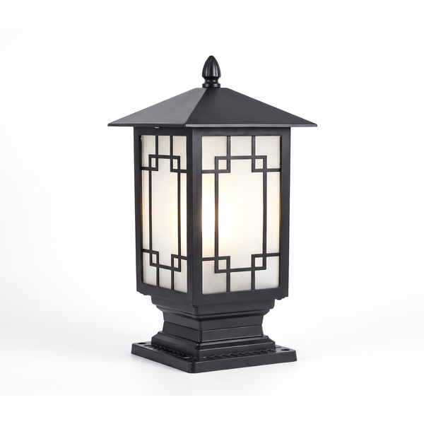 Elmwood Solar Outdoor Post Light, Lattice Glass Black, Dusk-to-Dawn Pillar