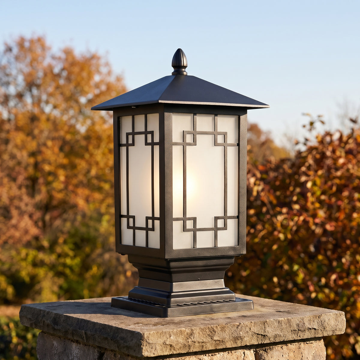 Elmwood lattice glass post light in crisp late-autumn morning sun