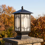 Elmwood lattice glass post light in crisp late-autumn morning sun