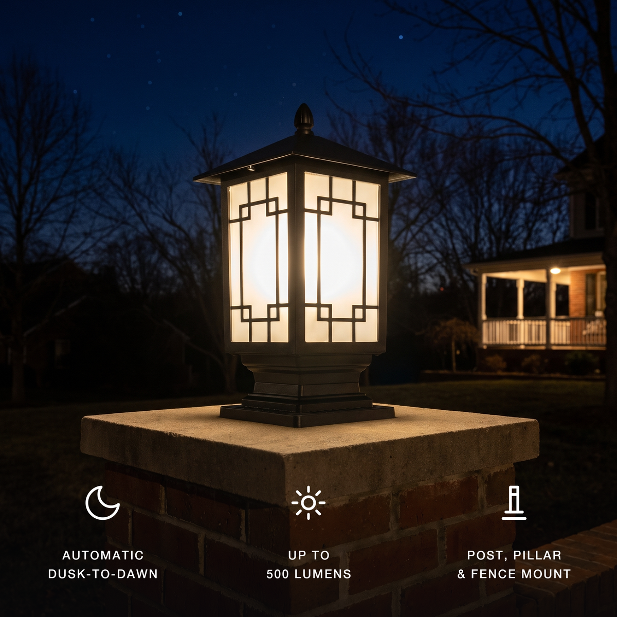 Elmwood post light at night with key specs: automatic dusk-to-dawn, up to 500 lumens, post pillar and fence mount