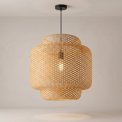 Maren woven bamboo pendant on a grey studio background